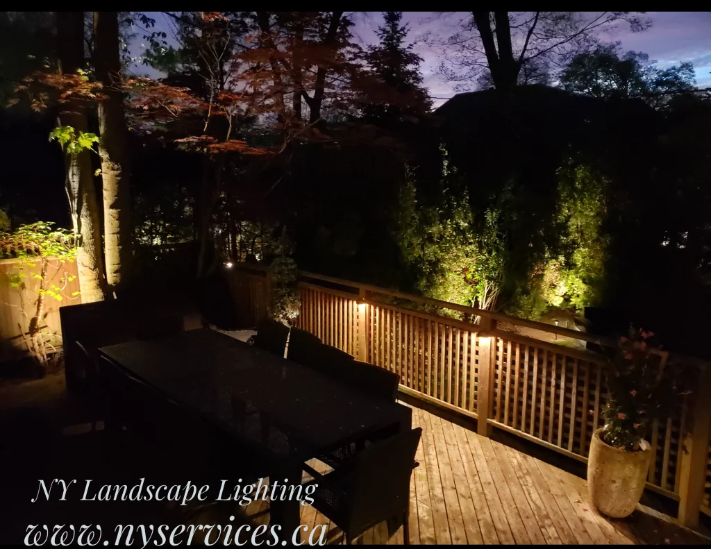 Soft LED deck lighting around cedar patio – North York backyard