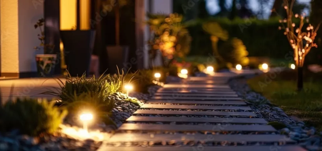 Low-voltage path lights lining interlock walkway – Etobicoke home